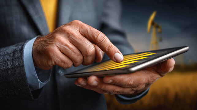 Business professional using tablet to analyze data related to oil and energy sectors, showcasing modern technology in rural setting