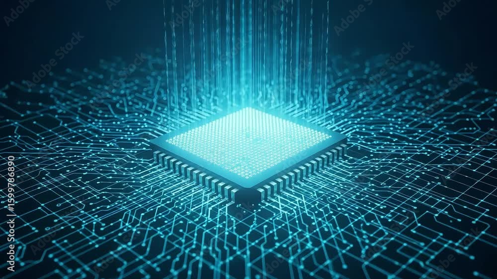 Poster blue circuit board chip advanced technology microprocessor system ai on chip glowing energy colors l