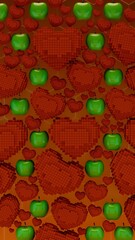 Green apples and pixelated hearts in orange hexagon seamless background pattern