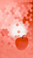 Coral apple floating beside abstract organic form and hexagons