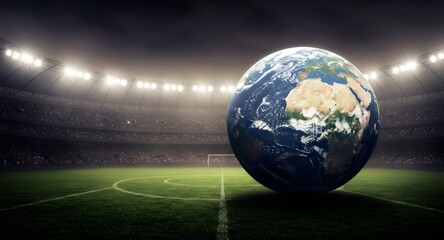 Earth Globe as Football in Stadium - Global Sports Event Concept