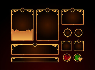 set of gothic medieval fantasy golden trading card game template with button ui and frame kit