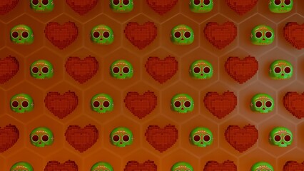 Sugar skulls and voxel hearts arranged in hexagon grid pattern on orange background