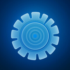 3D blue gear wheel on a dark blue background representing technology and engineering.