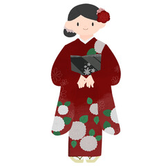 赤い振袖を着る成人した女性の手描きカラーイラスト