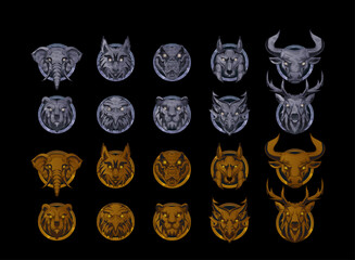 collection set of fantasy animal head badge medals in silver stone and gold