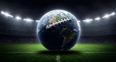 Earth Globe as Football in Stadium - Global Sports Event Concept