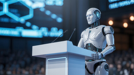 Naklejka premium Robot speaker at podium addressing audience with futuristic background