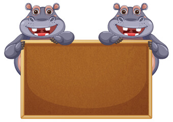 Happy Hippos Holding a Blank Sign