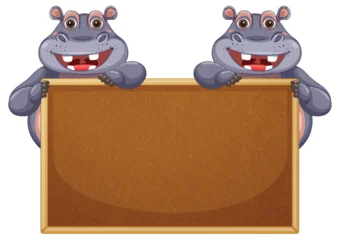 Fototapete Happy Hippos Holding a Blank Sign © GraphicsRF