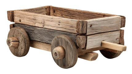 Wooden toy cart wagon with wheels for kids children playtime, rustic decorative planter, isolated on white background