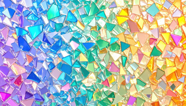 vibrant mosaic of colorful, reflective glass shards arranged in gradient pattern transitioning from cool blues and purples to warm yellows and oranges, creating dazzling and artistic effect.