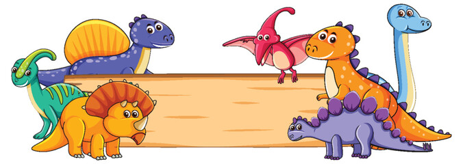 Colorful Dinosaur Cartoon with Blank Wooden Sign