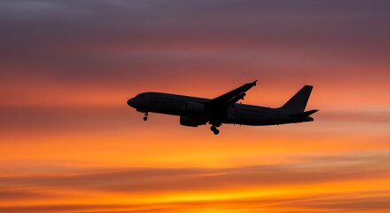 Silhouette of Airplane Landing at Sunset, Vibrant Hues