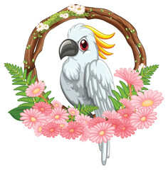 Cockatoo Bird with Floral Wreath Illustration