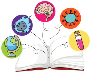 Open Science Book with Educational Icons and Concepts