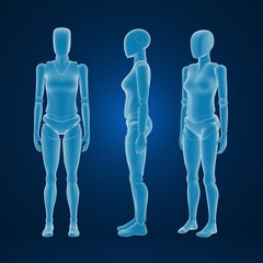 Abstract 3D render of transparent humanoid figures against a dark blue background.