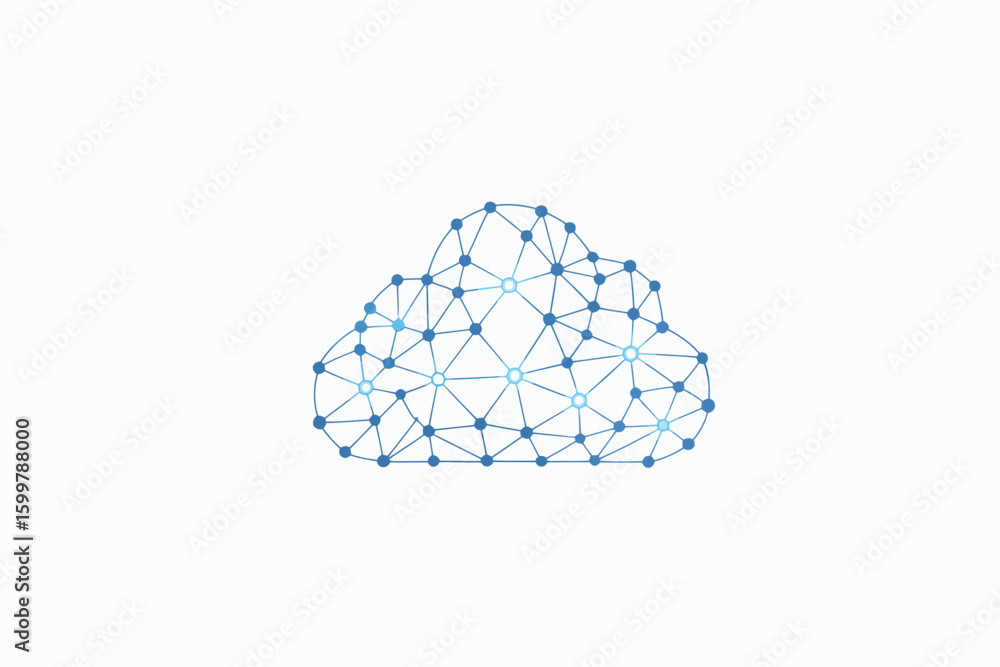 Poster a cloud shape formed by interconnected blue dots and lines on a white background in a simple design