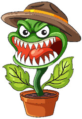 Angry Cartoon Carnivorous Plant Wearing Explorer Hat
