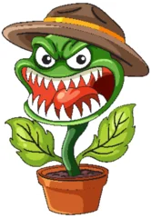 Fototapete Angry Cartoon Carnivorous Plant Wearing Explorer Hat © GraphicsRF