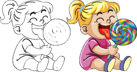 Smiling Girl Enjoying Large Colorful Lollipop