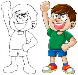 Smiling Boy Raising Fist in Victory Pose