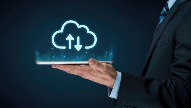 Cloud technology on tablet in business person's hand for data management and storage solutions