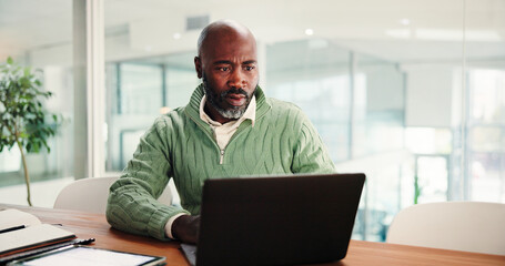 Laptop, confused and black man in office for research on stock market for company investment....