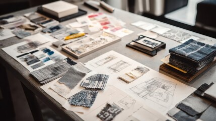 Textile Design Workspace with Fabric Swatches