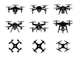 Drone Quadcopter with Camera set collection pack black icon silhouette vector flat illustration design on white background