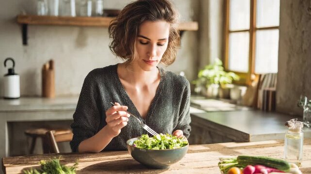 A young woman enjoying a fresh salad bowl in a minimalist kitchen with natural sunlight 
