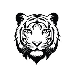 Tiger head graphic, black and white, studio shot. Intricate design detail, focused portrait of a wild cat's head, showing its features.