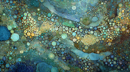 fluid abstract mosaic, golden, blue and green circular tiles flowing like water over