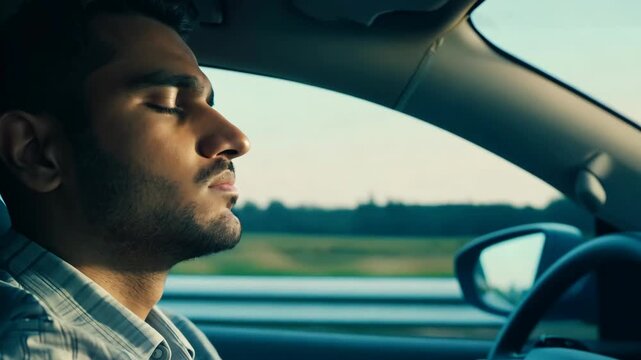 Exhausted driver falling asleep behind the wheel.