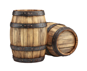 Fototapeta premium Rustic wooden barrels with metal bands, traditional storage containers