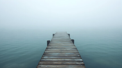 Fototapeta premium Wooden dock extending into foggy water.