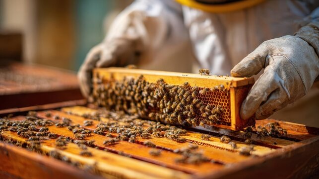 Beekeeper Handling a Hive Frame with Bees - Powered by Adobe