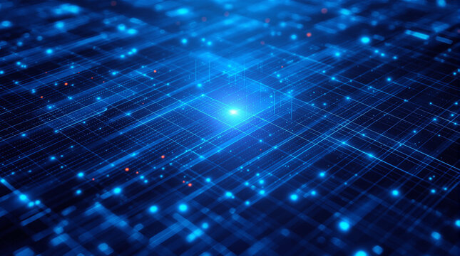 Abstract digital network, glowing blue grid with nodes and connections, central bright light source, depth of field effect, high-tech futuristic feel