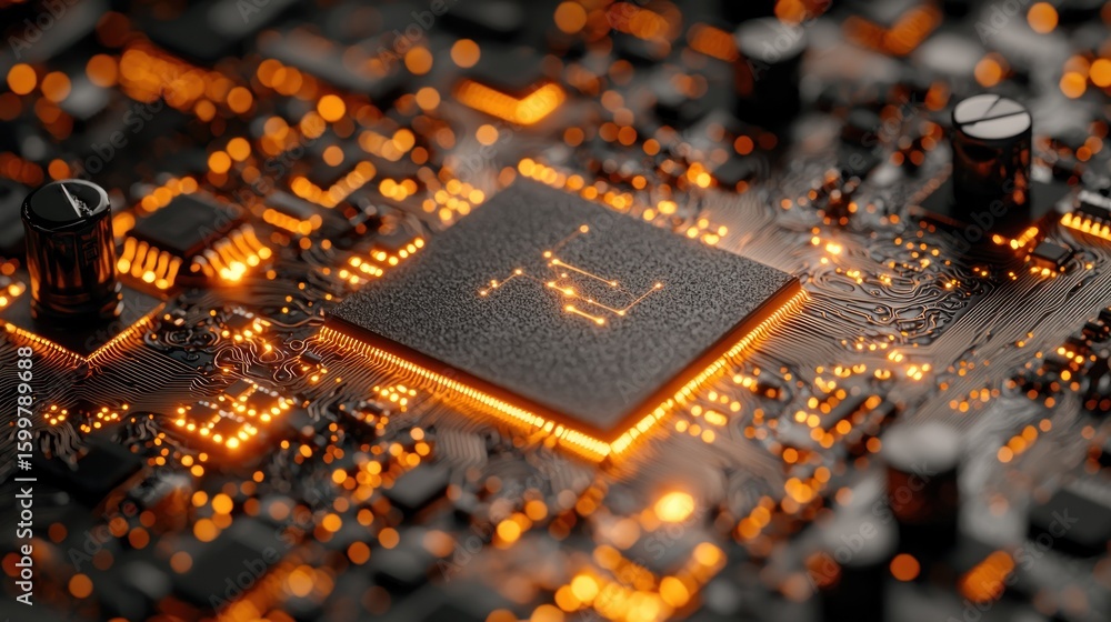 Poster illuminated circuit board: a close-up of a microchip's intricate design