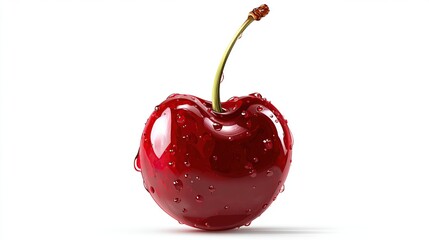 A single, glossy, red cherry with water droplets, isolated on white