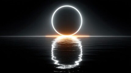 Neon circle glowing on a reflective surface with minimal futuristic design, abstract lighting, and symmetry effect