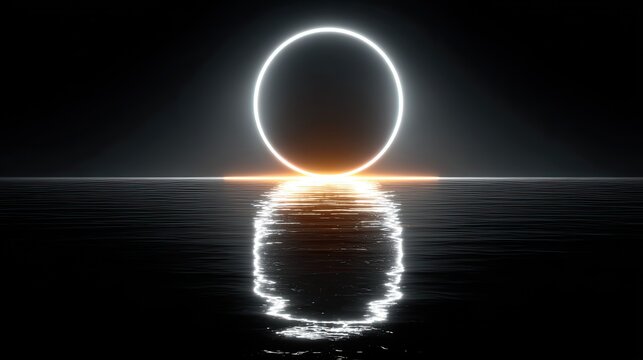 Neon circle glowing on a reflective surface with minimal futuristic design, abstract lighting, and symmetry effect