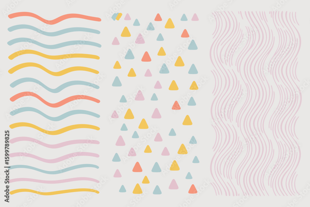 Poster abstract background with colorful wavy lines and triangles in a playful and artistic arrangement sty