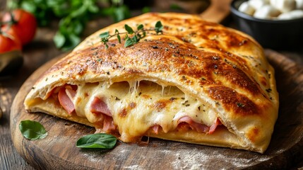 Delicious calzone pizza with melted mozzarella cheese and ham, served on a wooden board.