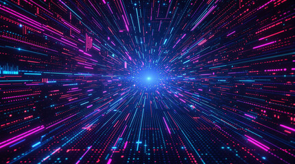 A vibrant digital tunnel radiates outward from a central bright point, featuring streaks of pink and blue light against a dark background.  