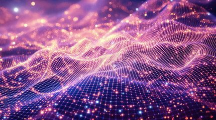 Naklejka premium Abstract digital landscape of undulating pink and purple glowing wireframe with embedded particles, creating a sense of depth and ethereal beauty