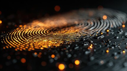 Neon glowing fingerprint scanning on digital screen representing identity verification, security, and biometrics tech