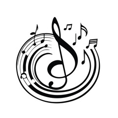 Fototapeta premium Music notes and clef in circular design. Abstract musical symbols arranged in a circular pattern with a treble clef at the center.