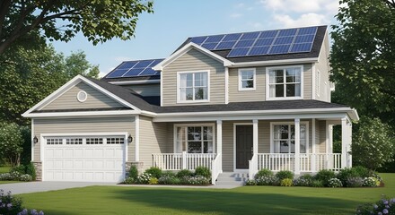 Modern two-story house with solar panels on the roof
