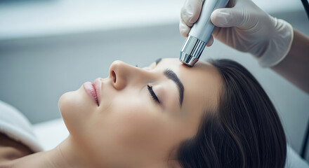 Naklejka premium Woman Receiving Facial Treatment Silver Device Forehead